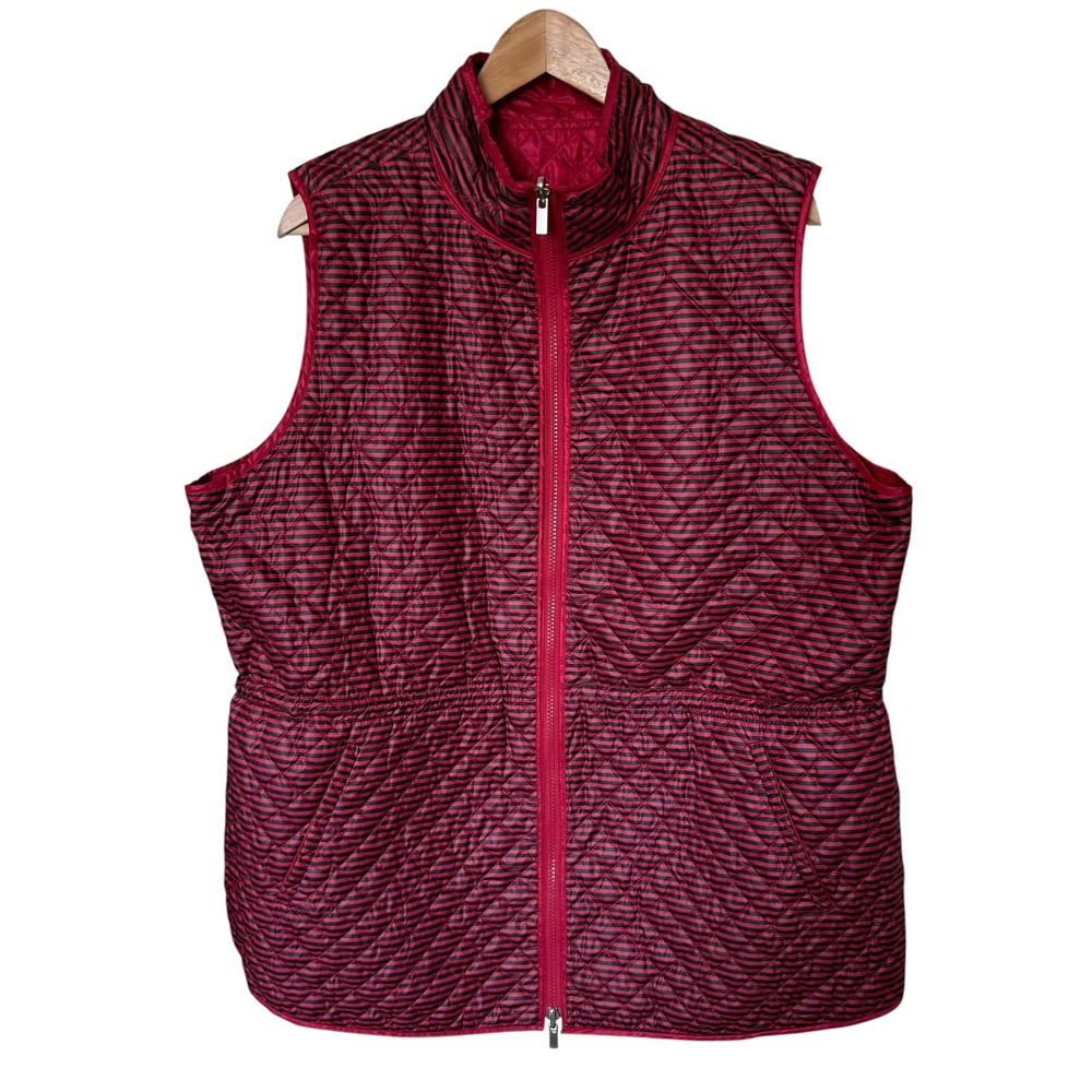Quilted Striped Vest Women Size 2X Red Black Full Zip Cinched Waist Good